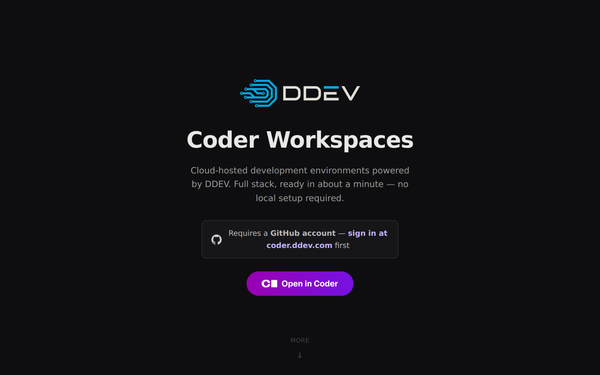 start.coder.ddev.com — Coder Workspaces landing page showing the DDEV logo and Open in Coder button